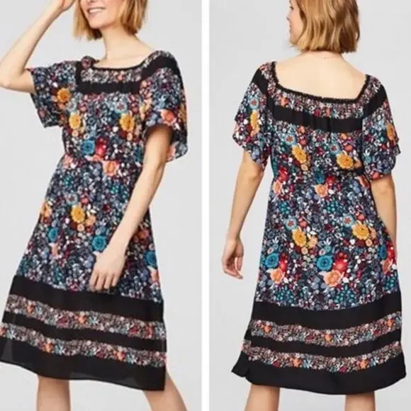 LOFT Black Floral Print Striped Off the Shoulder Dress Sz. Small Petite SP - Picture 3 of 8